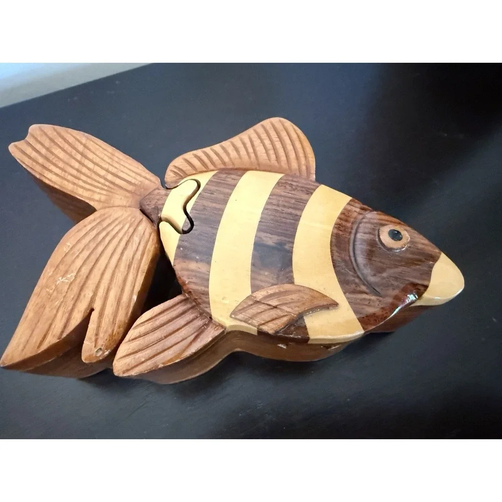 Fish- Wooden Puzzle Box Decorative Jewelry Trinket Box Handmade Vtg‎ Red Velvet